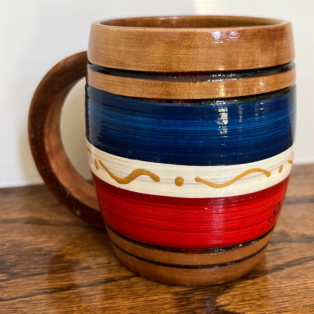 Painted glazed wood carved souvenir mug Santo Domingo